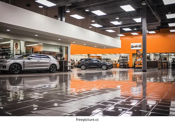 Car dealership showroom with shiny floor and multiple cars on display