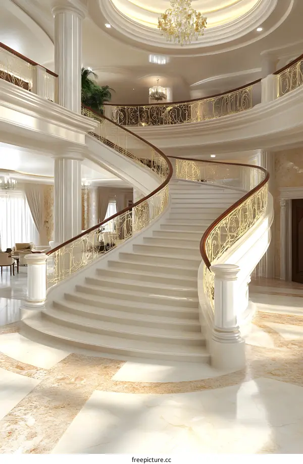 White Marble Staircase with Golden Railing in a Luxury House