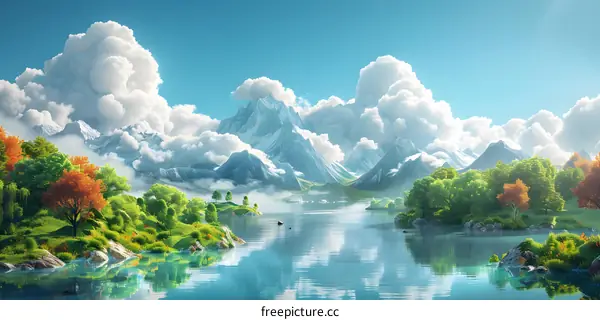 Fantasy landscape painting: lake, mountains and forest