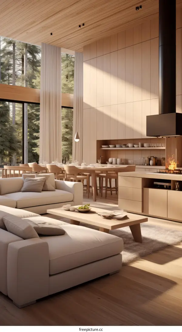 A wooden house interior with a living room, dining room, and kitchen