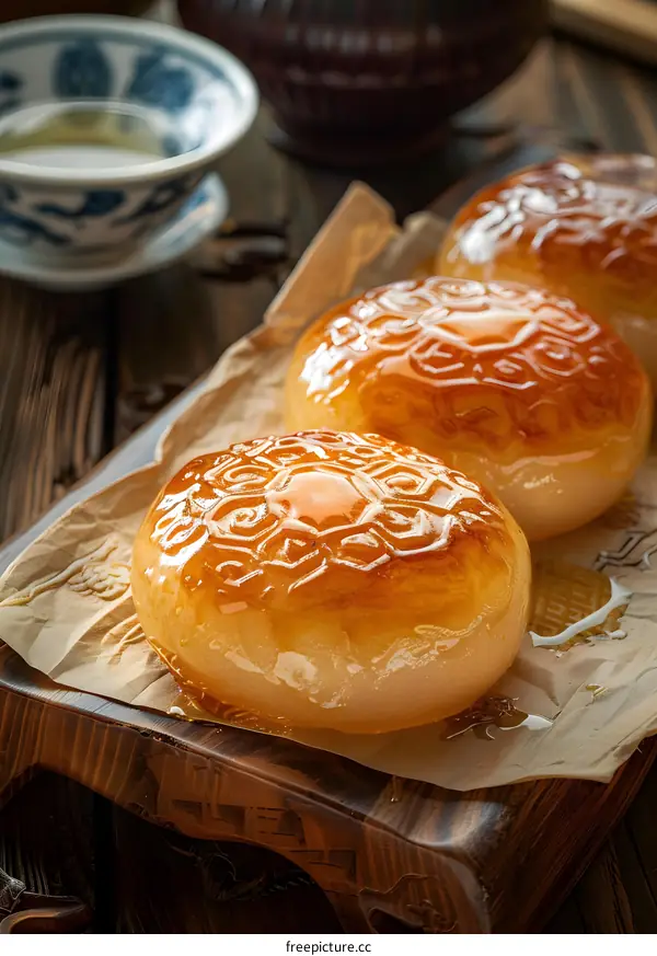 Close Up of Three Traditional Chinese Mooncakes on Wooden Board