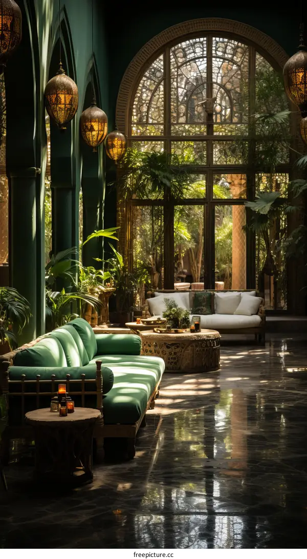 Elegant green living room with large windows and plants