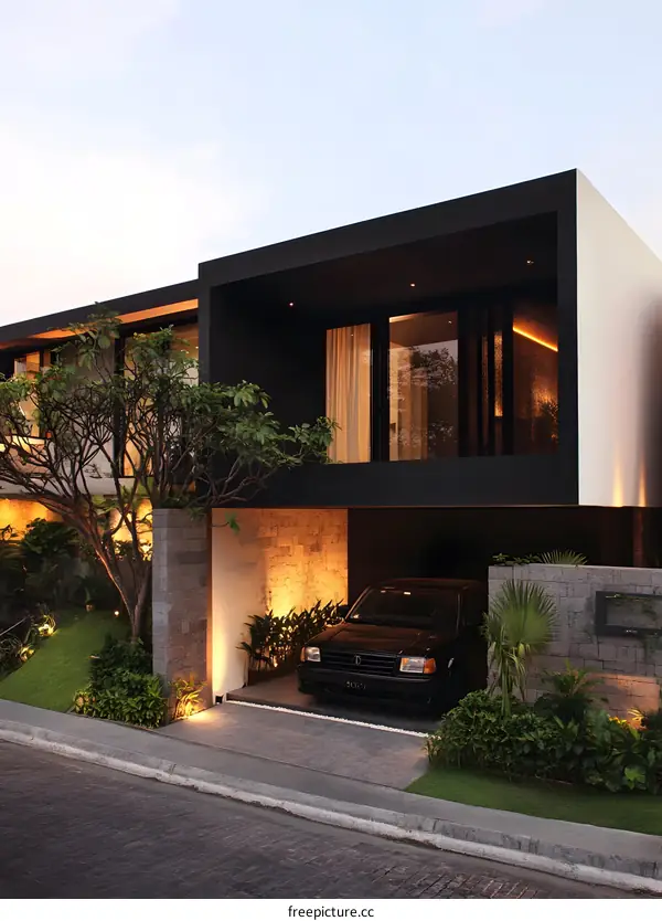 Modern Minimalist House with Black Facade and Stone Wall