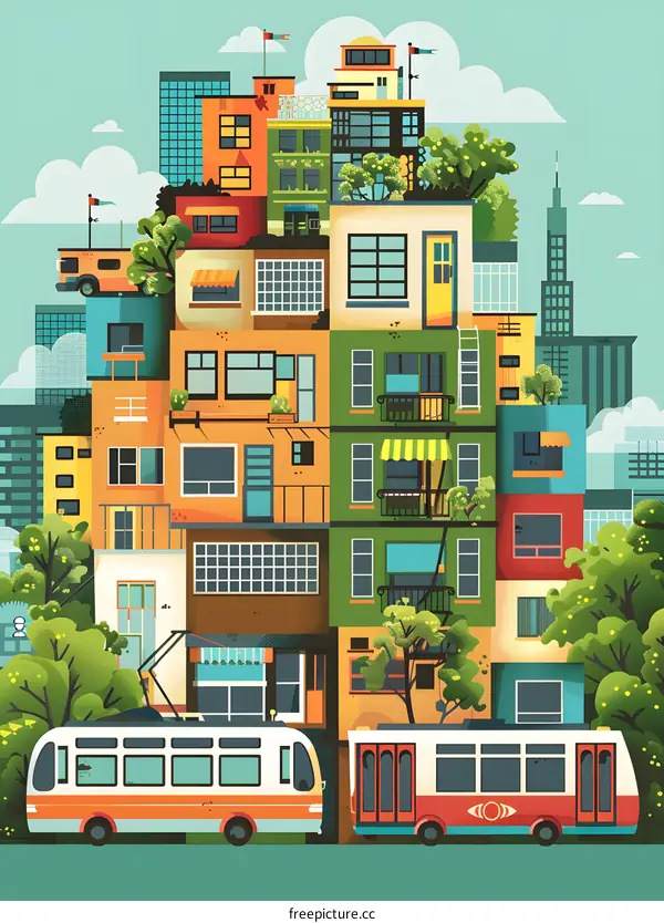Colorful Illustration of City Buildings with Bus
