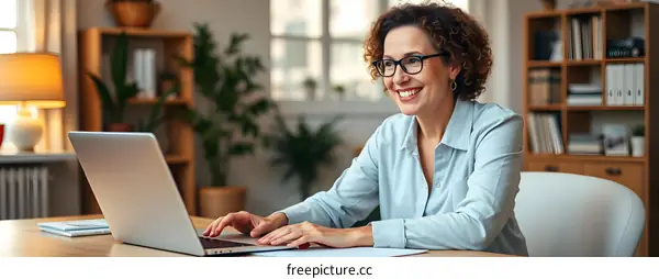 Smiling Woman Working on Laptop in Home Office