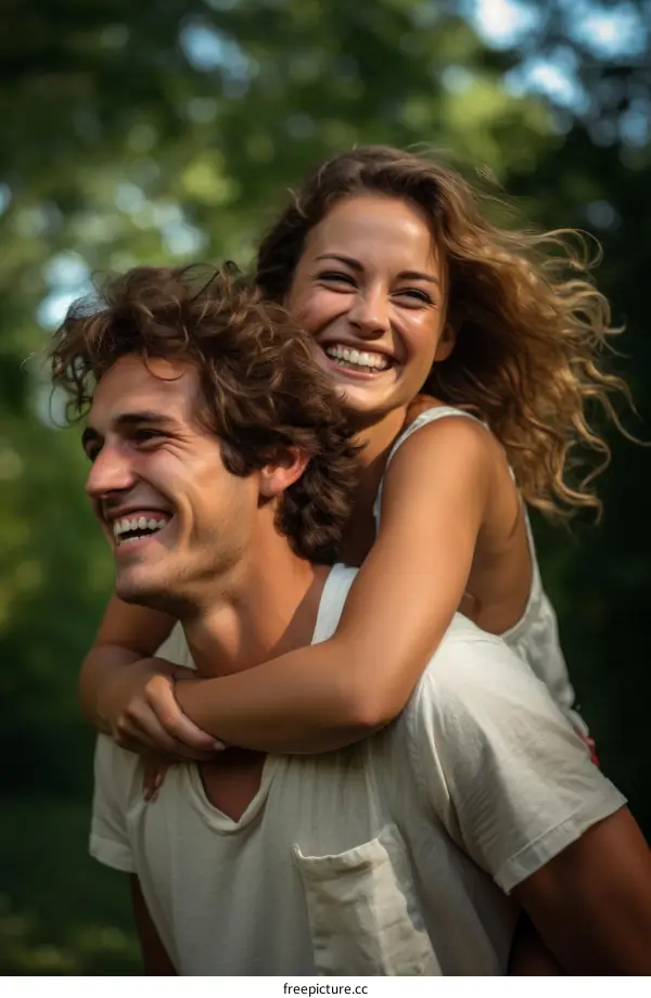 A happy couple is piggybacking in the park