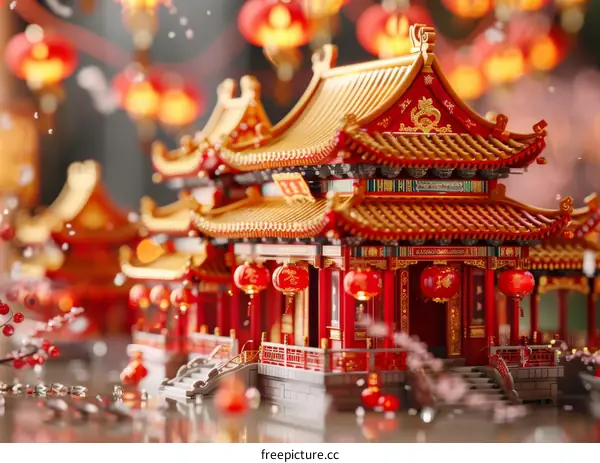 3D Illustration of Chinese Temple with Spring Festival Elements