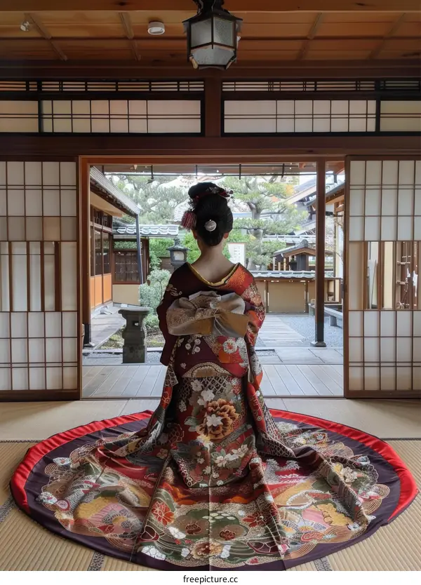 A woman wearing a kimono is kneeling on the floor in a traditional Japanese house.