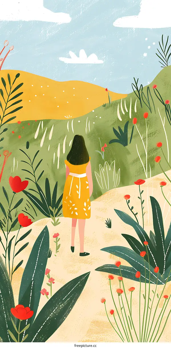 Woman in Yellow Dress Walking Through a Lush Green Meadow