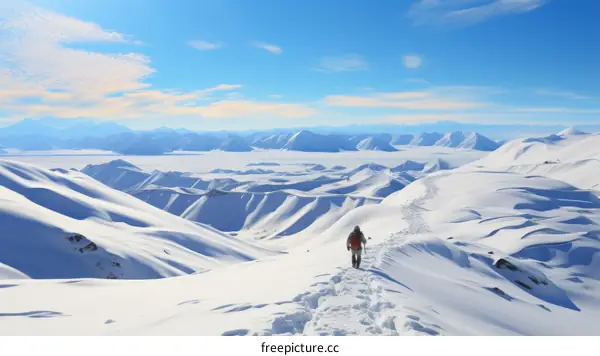 A lone hiker traverses a snowy mountain landscape