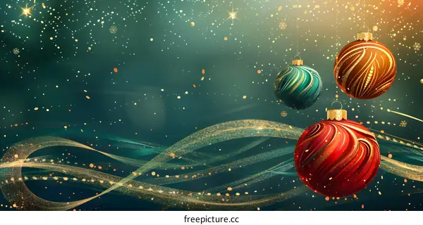 Christmas ornaments hanging in front of a dark green background with golden snowflakes and a golden wave.