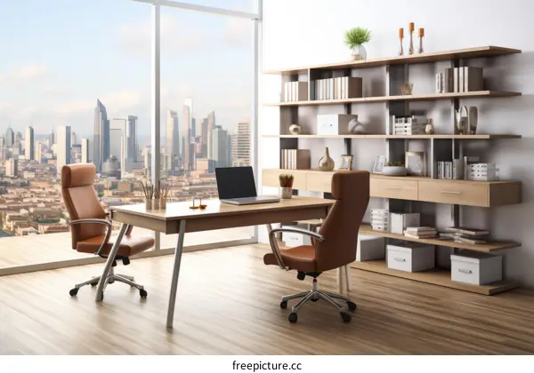 Modern office interior with panoramic city view
