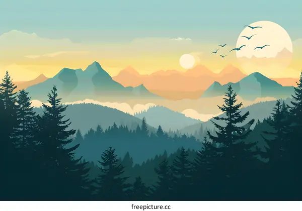 Mountain Landscape Illustration with Sunset and Birds Flying