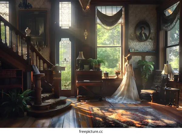 Woman in White Dress Standing in a Grand Victorian House
