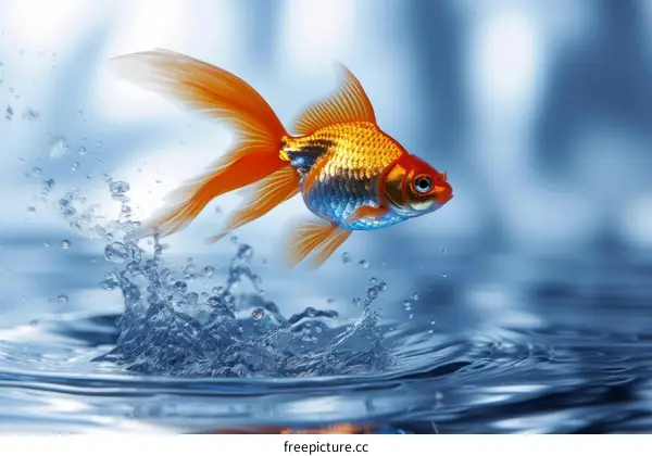 A goldfish is jumping out of the water