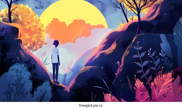 Silhouette of a Person Standing on a Hilltop Looking Towards a Sunset Over a City