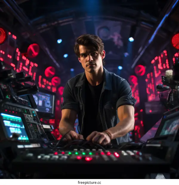 A male technician works at a soundboard in a nightclub.