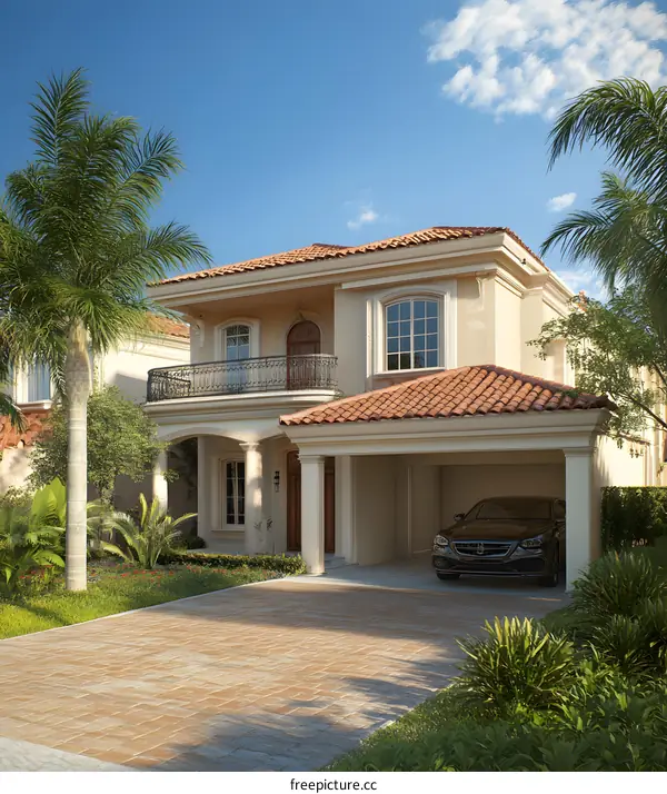 Beautiful Modern Home With Carport And Palm Trees