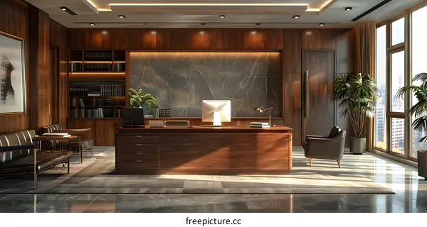 Modern office interior with wooden furniture and large windows