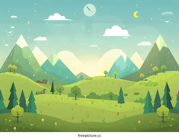 Green Mountain Landscape Illustration With Zebra