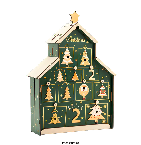 [Transparent Background PNG]Wooden Christmas Advent Calendar With Green And Gold Design