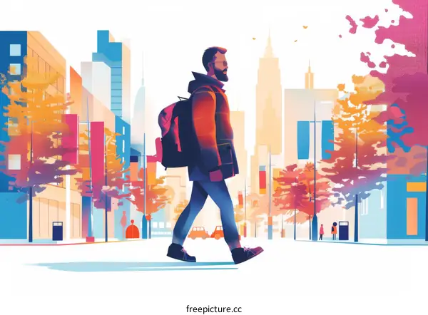 A man walking down a city street with a backpack on his back