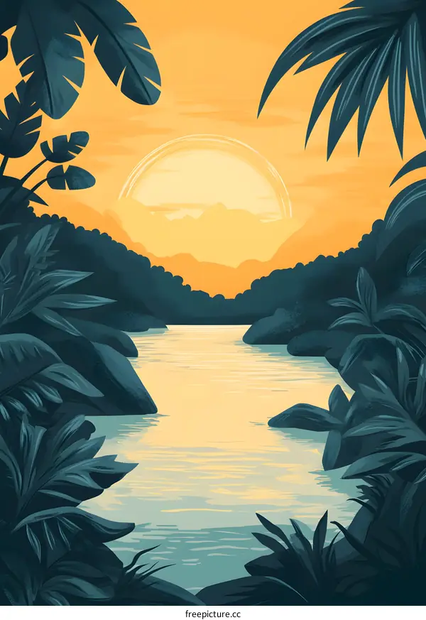Tropical Jungle River Sunset Illustration