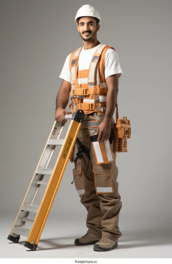 Construction worker in safety gear standing next to a ladder