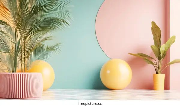 Minimalist Interior Design with Tropical Plants and Geometric Shapes