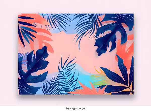 Blue and Coral Tropical Leaves Background
