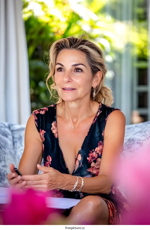Woman in Floral Dress Holding Phone Looking Away