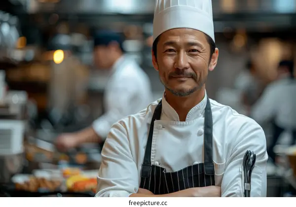 Portrait of a Japanese chef in a restaurant kitchen