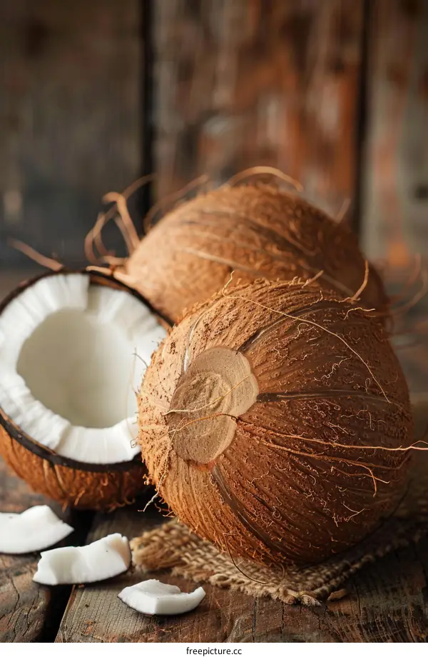 Coconut - A large, round fruit that grows on a palm tree. (with copy space)