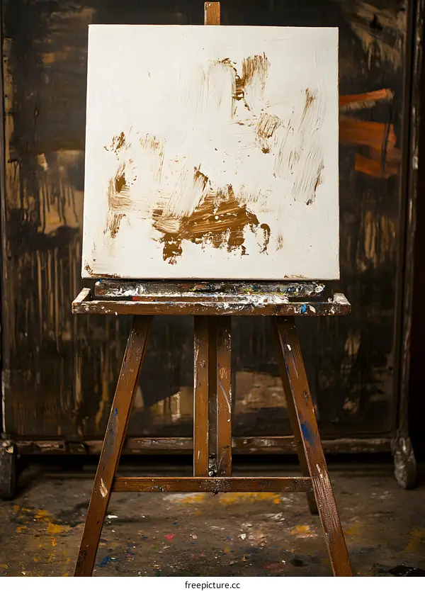 Wooden Easel with Empty Canvas and Brown Paint