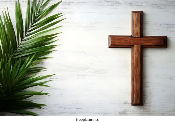 Wooden Cross on a White Wooden Background with Palm Leaves