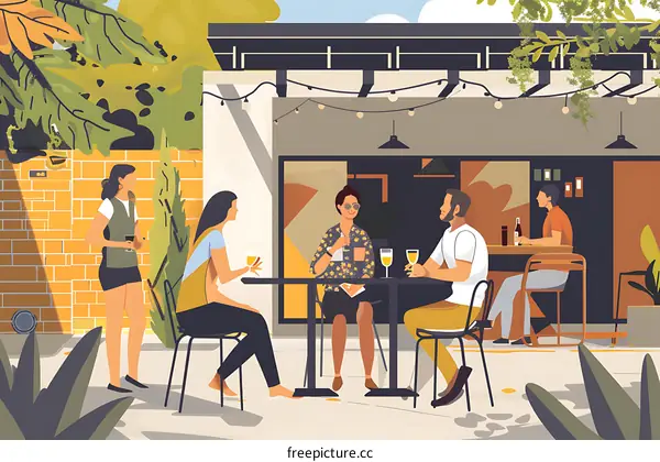 Friends Enjoying Drinks and Conversation at Outdoor Cafe