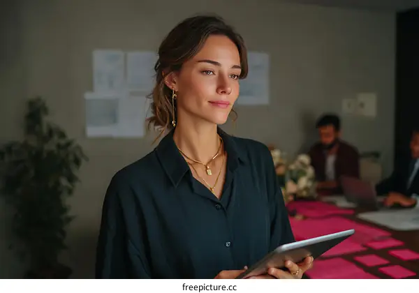 Focused Businesswoman Holding Digital Tablet in Meeting Room