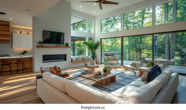 Modern Farmhouse Living Room with Extensive Glass Windows