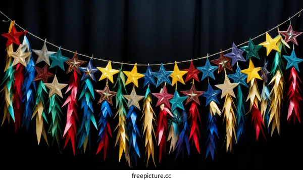 Colorful paper stars hanging on a string with black background