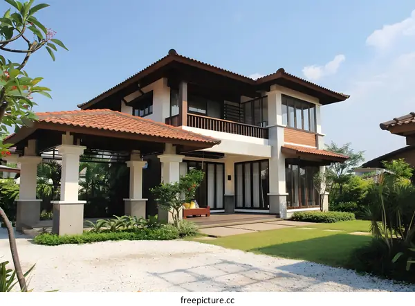 Modern Tropical Home with White Walls and Brown Roof