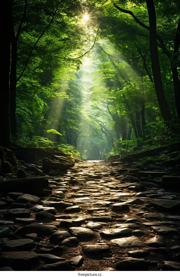 The stone path in the middle of the forest