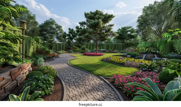 Tranquil Garden Landscape with Walking Path and Serene Pond