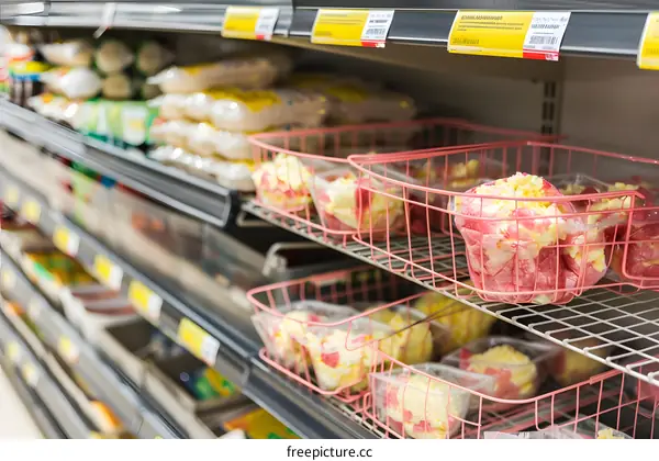 Pink Baskets Filled with Frozen Food on Grocery Store Shelves