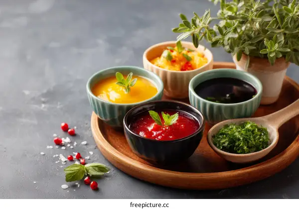 Assortment of Colorful Dips and Sauces on a Wooden Tray