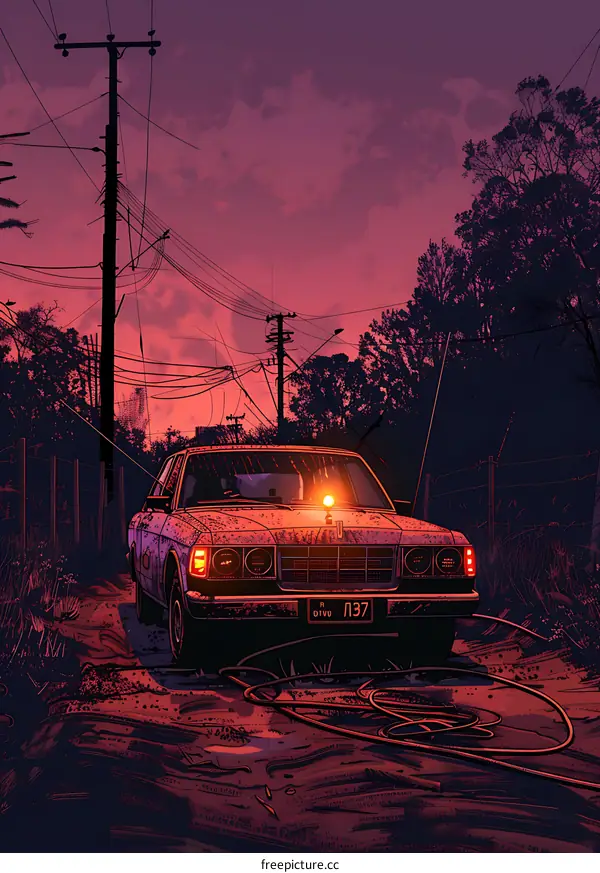 Old Car In Front Of A Sunset