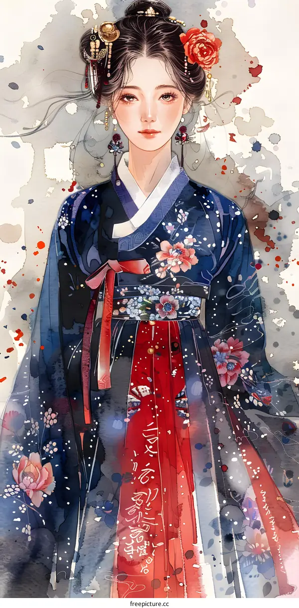 A digital painting of a young woman in a traditional Korean hanbok