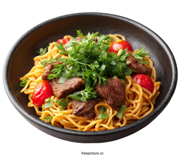 [Transparent Background PNG]Delicious Beef Noodles with Fresh Herbs