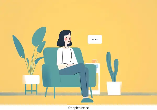 Woman Sitting on Sofa, Thinking or Talking, Illustration