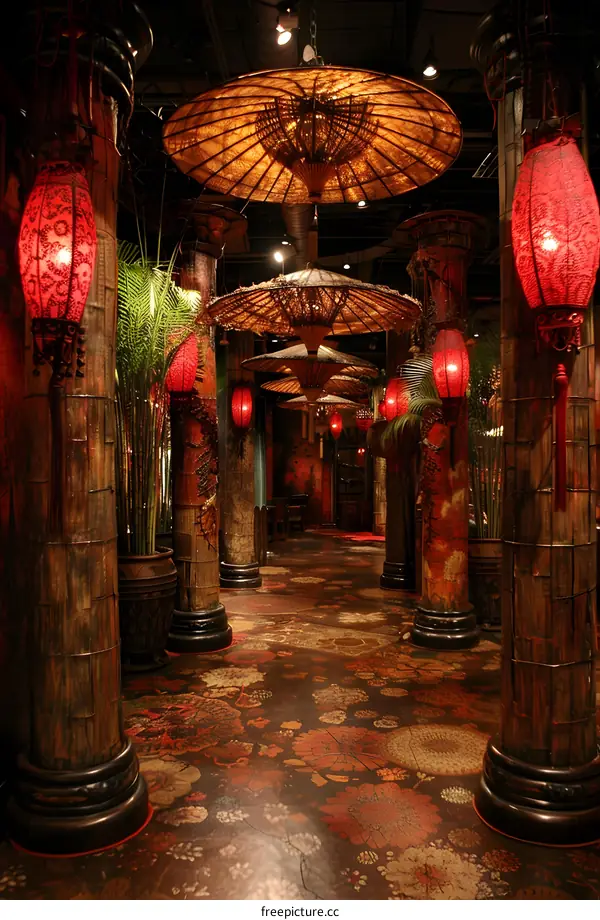 Asian Restaurant Interior Design With Lanterns And Umbrellas