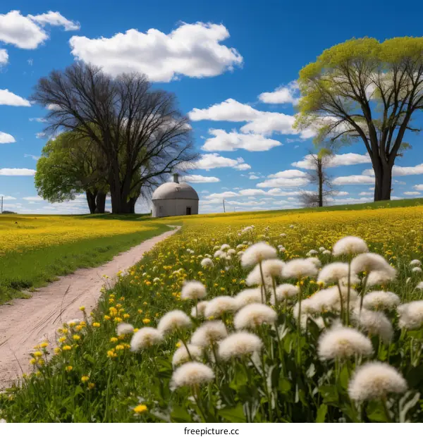 Countryside landscape with a dirt road, a small white house, and a large field of yellow flowers and dandelions